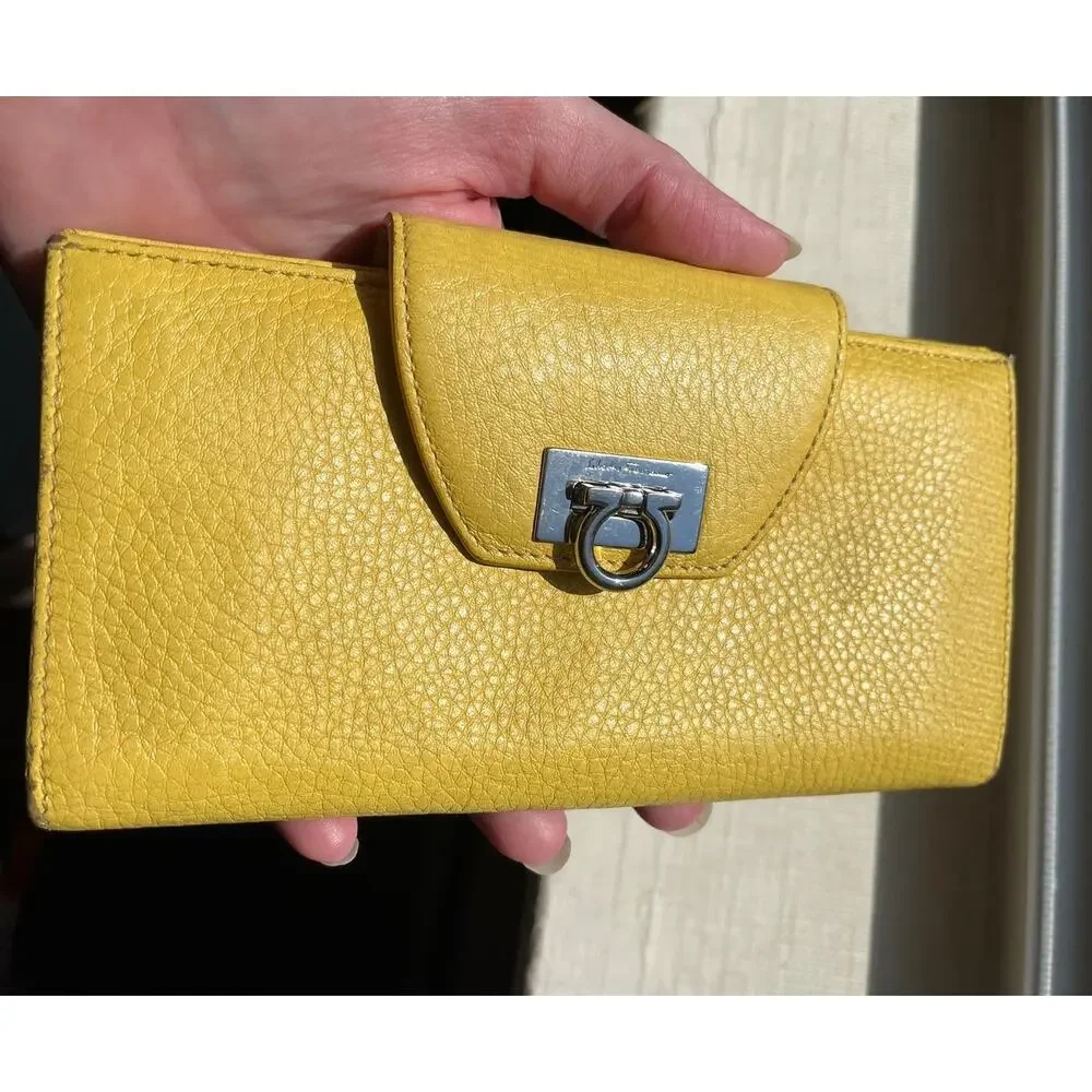Salvatore Ferragamo Gancini Leather Long Wallet Yellow Luxury Designer Italy